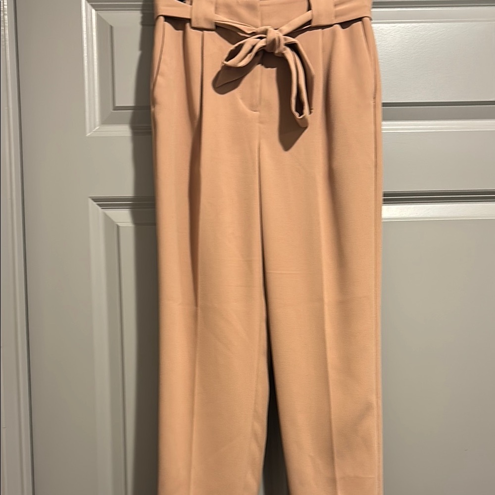 Express Tan Ankle Cropped Pants with Paper-bag Waist